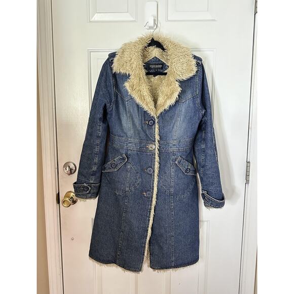 VTG Steve Madden Coat Womens Medium Blue Denim Faux Shearling Lined Long Y2K - Picture 8 of 10